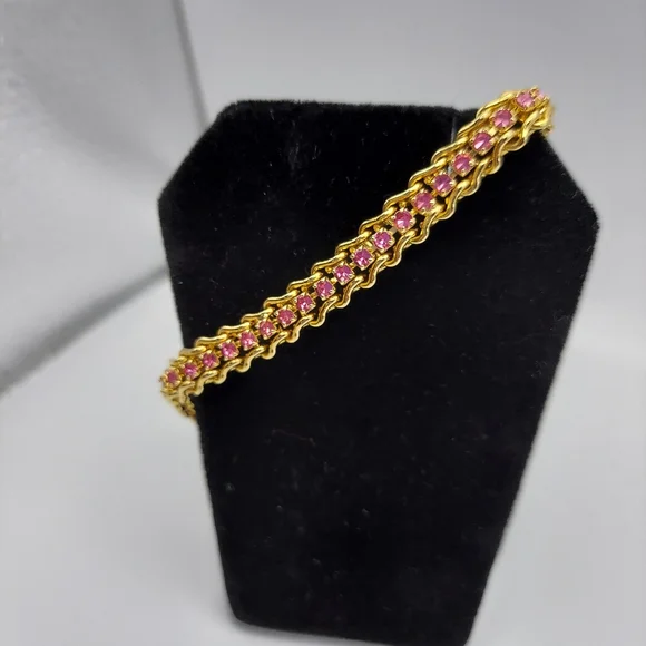 Vintage Tennis Bracelet w/Pink Rhinestones& Goldtone, GC. - Picture 2 of 9